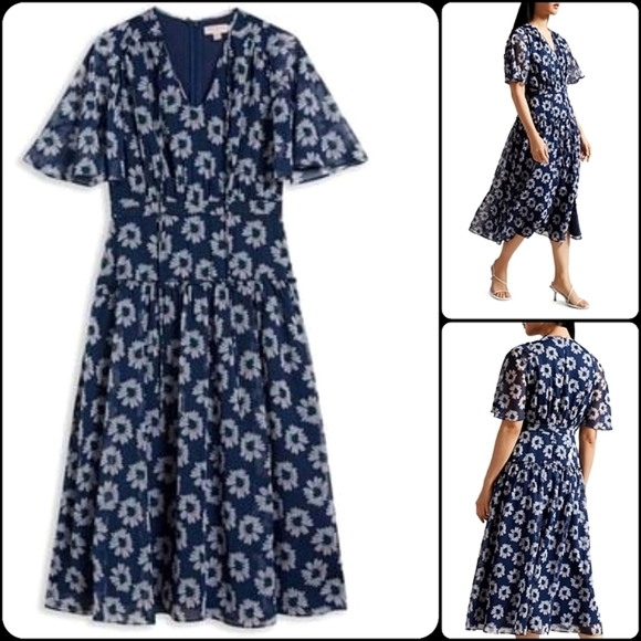 Ted Baker Marllee Floral Flutter Sleeve Tiered Midi Dress (Ted Baker 6 =US 12) - Picture 1 of 16